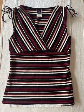 Retro 90's Black, White & Burgundy Striped Tie-Shoulder Tank